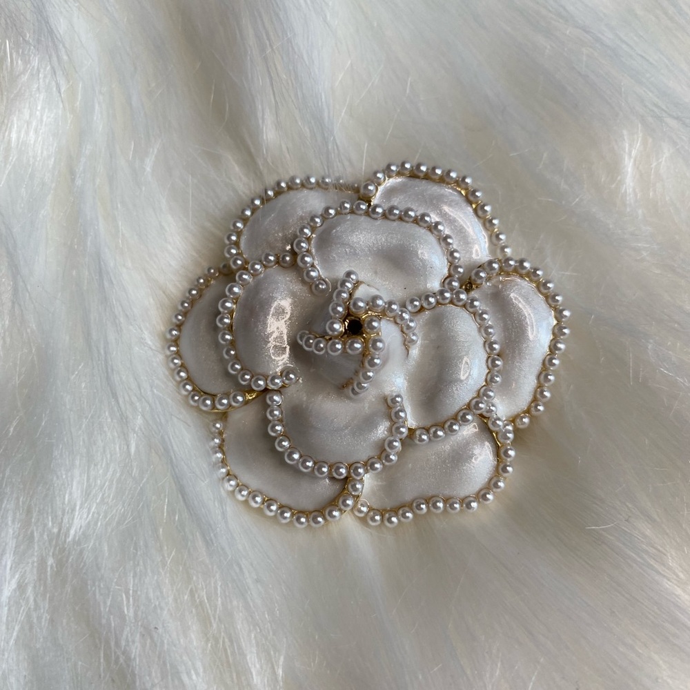 Cream and White Rhinestone Flower Brooch